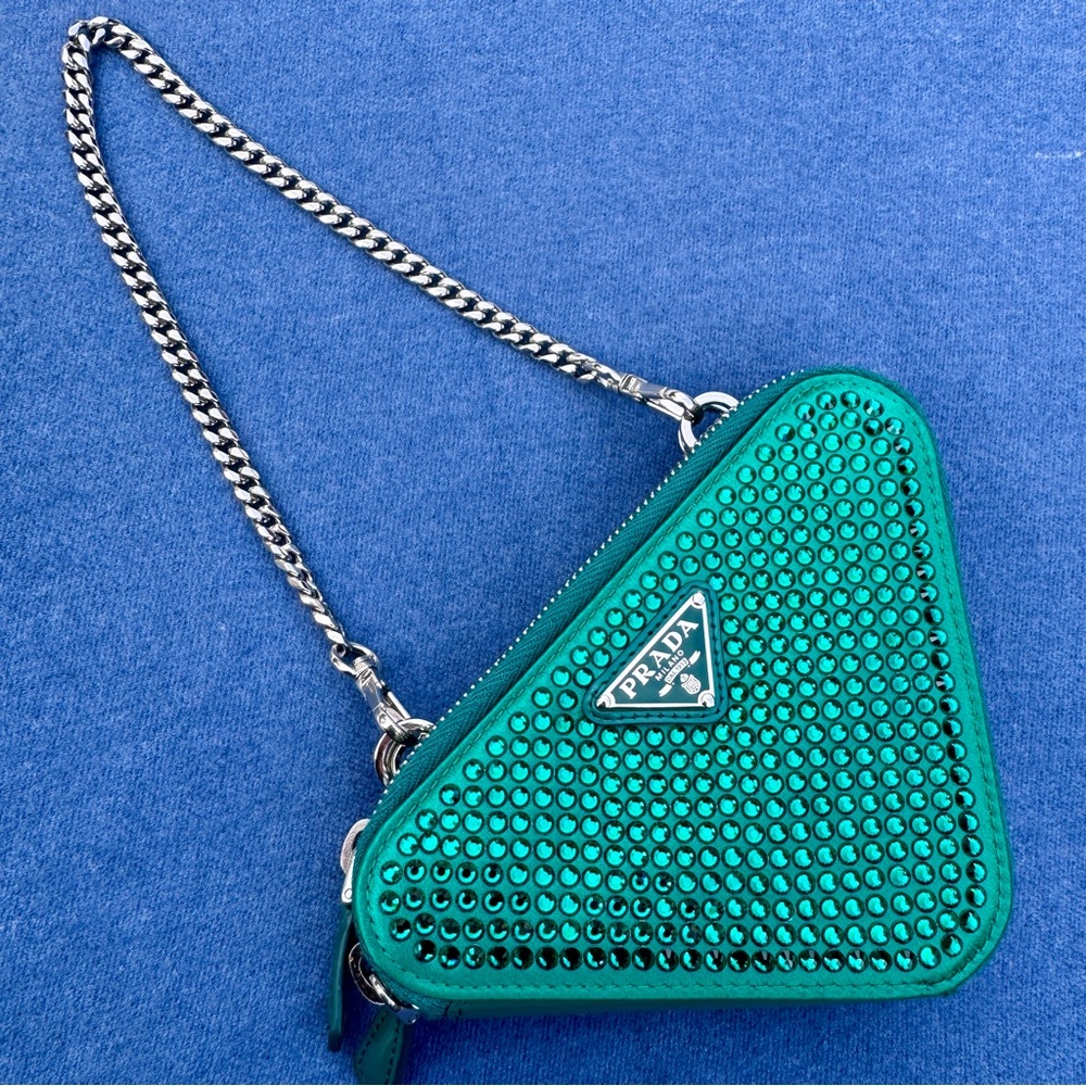 Prada green mini triangle glitter crossbody pouch new - Picture 2 of 5